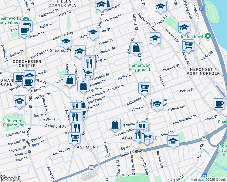 map of restaurants, bars, coffee shops, grocery stores, and more near 75 Edwin Street in Boston