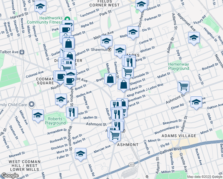 map of restaurants, bars, coffee shops, grocery stores, and more near 112 Welles Avenue in Boston