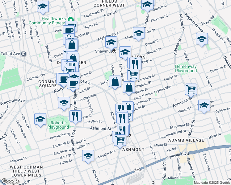 map of restaurants, bars, coffee shops, grocery stores, and more near 112 Welles Avenue in Boston