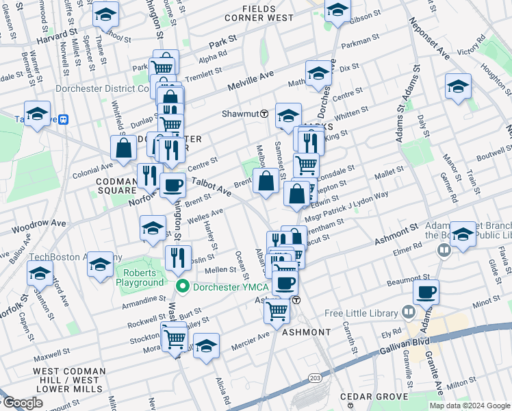 map of restaurants, bars, coffee shops, grocery stores, and more near 51 Wainwright Street in Boston