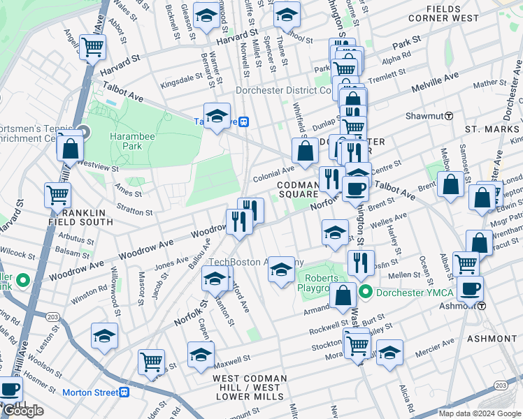 map of restaurants, bars, coffee shops, grocery stores, and more near 124 Southern Avenue in Boston