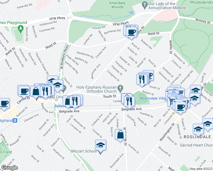 map of restaurants, bars, coffee shops, grocery stores, and more near 66 Bradfield Avenue in Boston