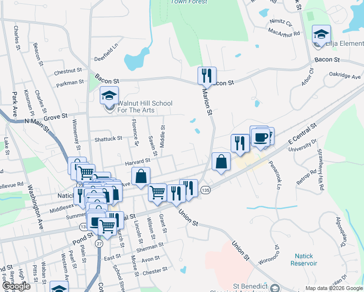map of restaurants, bars, coffee shops, grocery stores, and more near 24 Nern Street in Natick