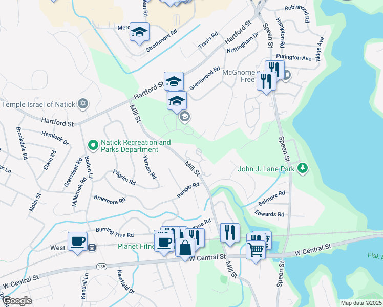 map of restaurants, bars, coffee shops, grocery stores, and more near 145 Mill Street in Natick