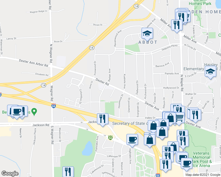 map of restaurants, bars, coffee shops, grocery stores, and more near 3204 Dexter Road in Ann Arbor