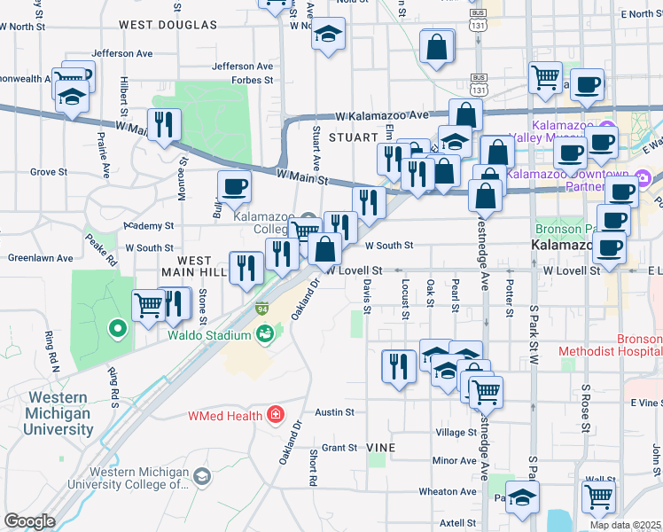 map of restaurants, bars, coffee shops, grocery stores, and more near 840 West Michigan Avenue in Kalamazoo