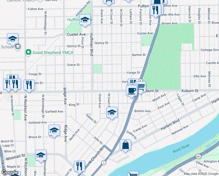 map of restaurants, bars, coffee shops, grocery stores, and more near 1523 Grant Avenue in Rockford