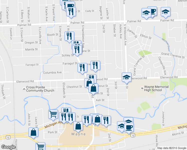 map of restaurants, bars, coffee shops, grocery stores, and more near 2898 South Christine Street in Westland
