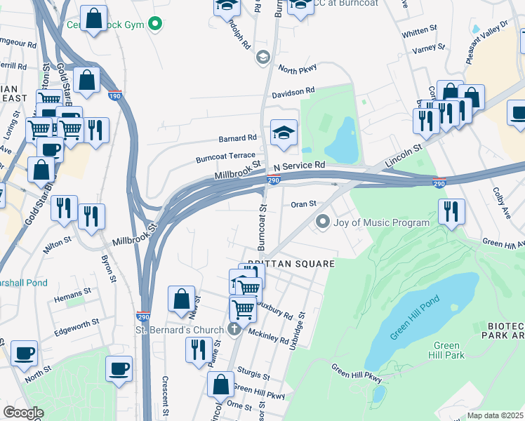 map of restaurants, bars, coffee shops, grocery stores, and more near Burncoat St & Rankin St in Worcester