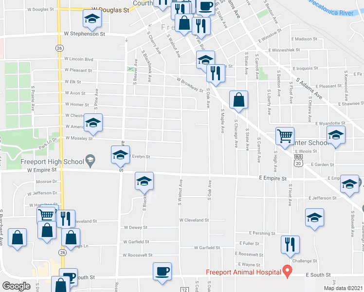 map of restaurants, bars, coffee shops, grocery stores, and more near 1204 South Walnut Avenue in Freeport