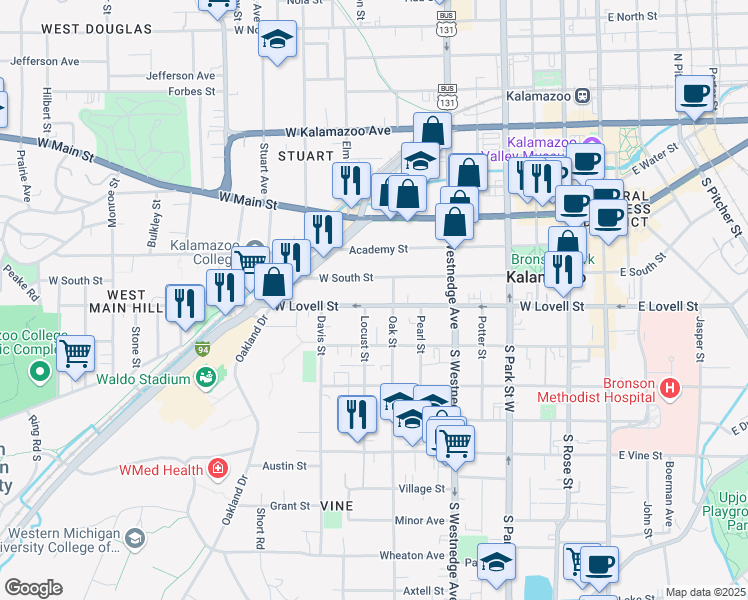 map of restaurants, bars, coffee shops, grocery stores, and more near 718 West Lovell Street in Kalamazoo