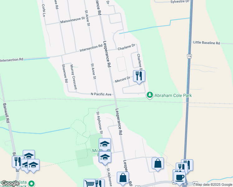 map of restaurants, bars, coffee shops, grocery stores, and more near 2092 Lesperance Road in Windsor