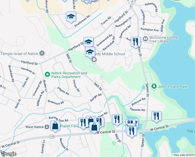 map of restaurants, bars, coffee shops, grocery stores, and more near 145 Mill Street in Natick