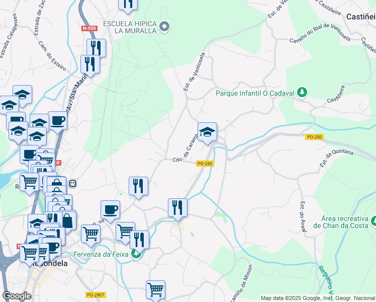 map of restaurants, bars, coffee shops, grocery stores, and more near 10 Estrada de Pazos in Redondela