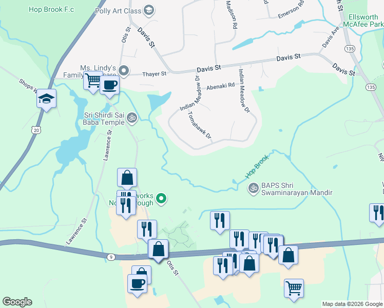 map of restaurants, bars, coffee shops, grocery stores, and more near 114 Indian Meadow Drive in Northborough