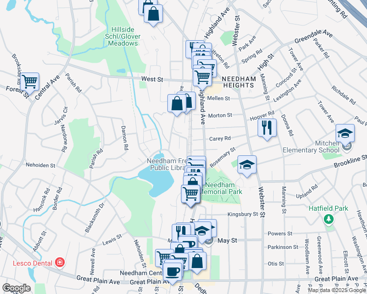 map of restaurants, bars, coffee shops, grocery stores, and more near 145 Rosemary Street in Needham