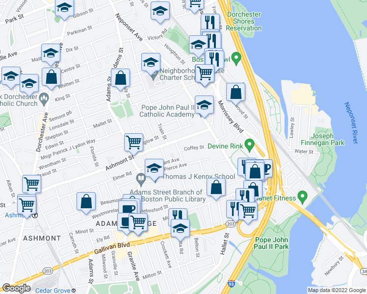 map of restaurants, bars, coffee shops, grocery stores, and more near 567 Ashmont Street in Boston