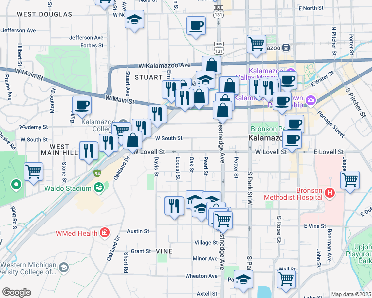 map of restaurants, bars, coffee shops, grocery stores, and more near 710 West Lovell Street in Kalamazoo