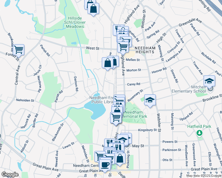 map of restaurants, bars, coffee shops, grocery stores, and more near 145 Rosemary Street in Needham
