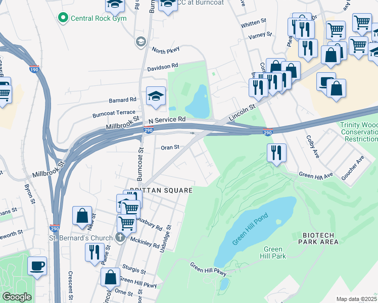 map of restaurants, bars, coffee shops, grocery stores, and more near 363 Lincoln Street in Worcester
