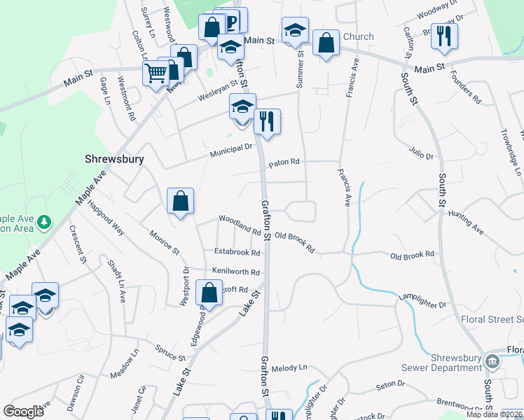 map of restaurants, bars, coffee shops, grocery stores, and more near 106 Grafton Street in Shrewsbury