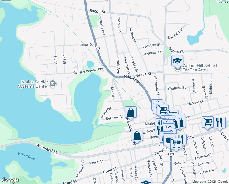 map of restaurants, bars, coffee shops, grocery stores, and more near 63 Washington Avenue in Natick