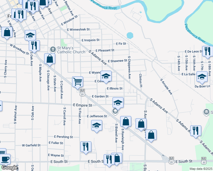 map of restaurants, bars, coffee shops, grocery stores, and more near 718 East Illinois Street in Freeport