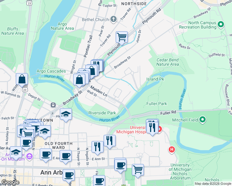 map of restaurants, bars, coffee shops, grocery stores, and more near 1129 Freesia Court in Ann Arbor