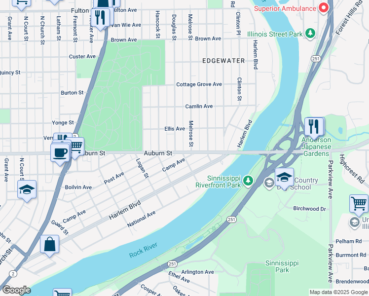 map of restaurants, bars, coffee shops, grocery stores, and more near 611 Auburn Street in Rockford