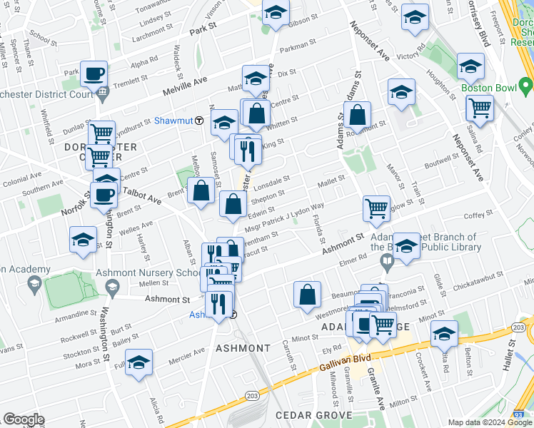 map of restaurants, bars, coffee shops, grocery stores, and more near 29 Edwin Street in Boston