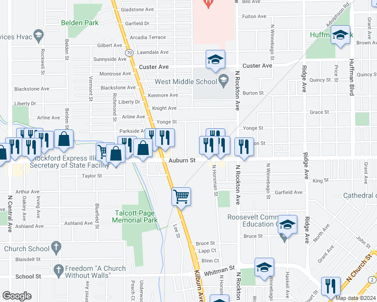 map of restaurants, bars, coffee shops, grocery stores, and more near 1511 Pauline Avenue in Rockford