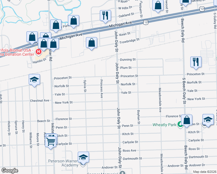 map of restaurants, bars, coffee shops, grocery stores, and more near 26652 Norfolk Street in Inkster