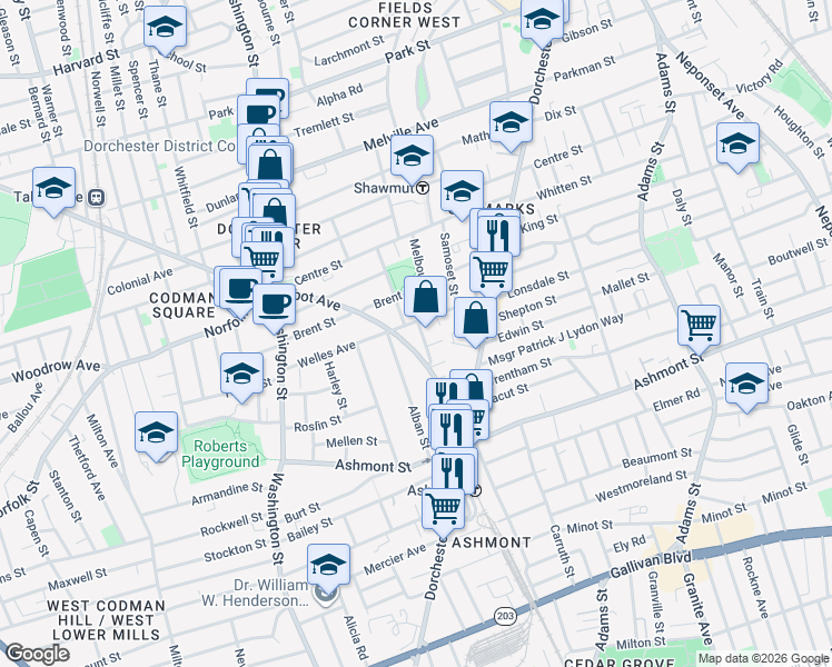 map of restaurants, bars, coffee shops, grocery stores, and more near 112 Welles Avenue in Boston