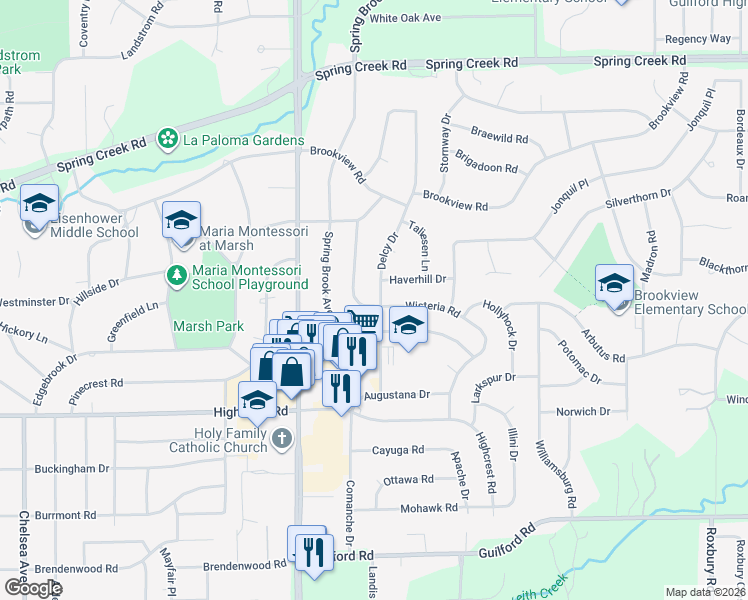 map of restaurants, bars, coffee shops, grocery stores, and more near 2104 Delcy Drive in Rockford