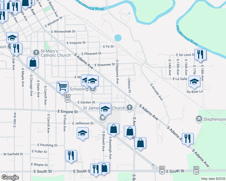 map of restaurants, bars, coffee shops, grocery stores, and more near 933 South Chippewa Avenue in Freeport