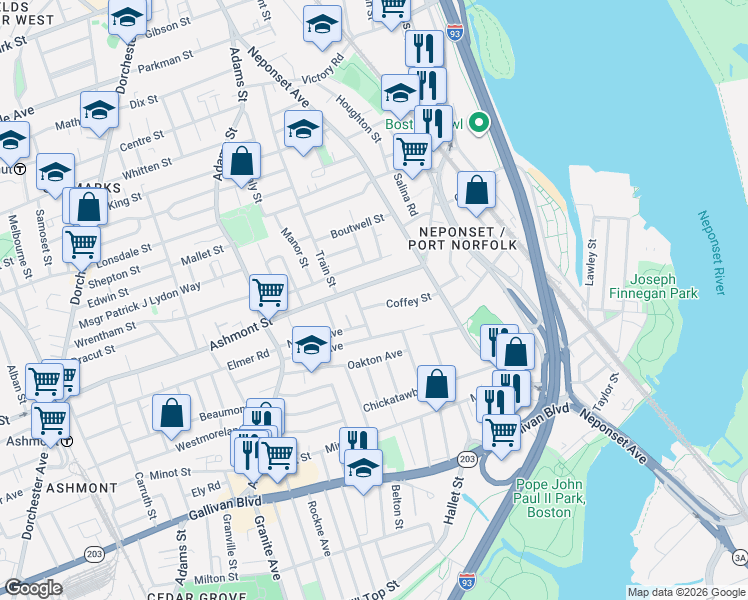 map of restaurants, bars, coffee shops, grocery stores, and more near 10 Coffey Street in Boston