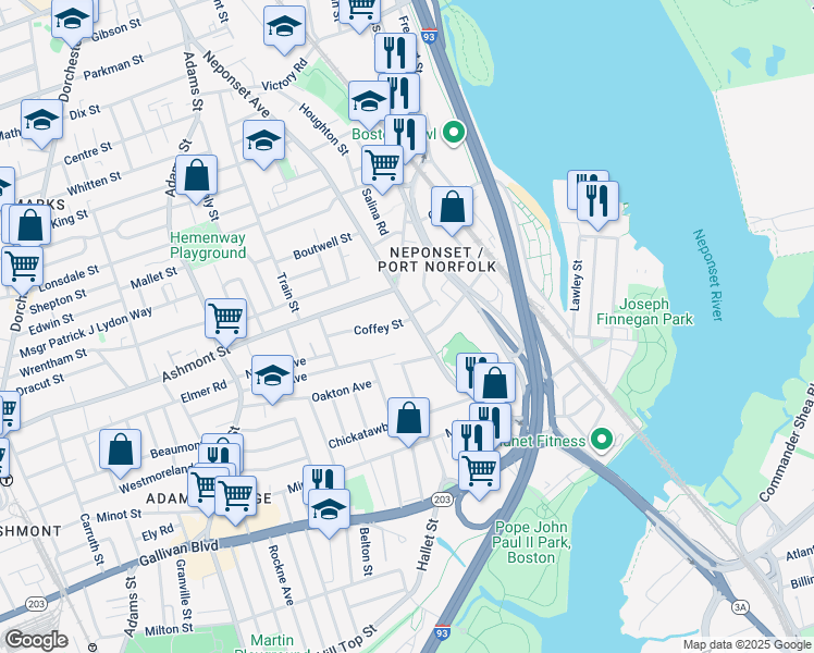 map of restaurants, bars, coffee shops, grocery stores, and more near 288 Neponset Avenue in Boston