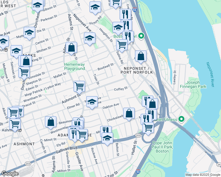 map of restaurants, bars, coffee shops, grocery stores, and more near 567 Ashmont Street in Boston