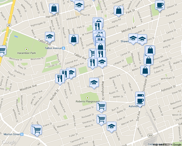 map of restaurants, bars, coffee shops, grocery stores, and more near 41 Norfolk Street in Boston