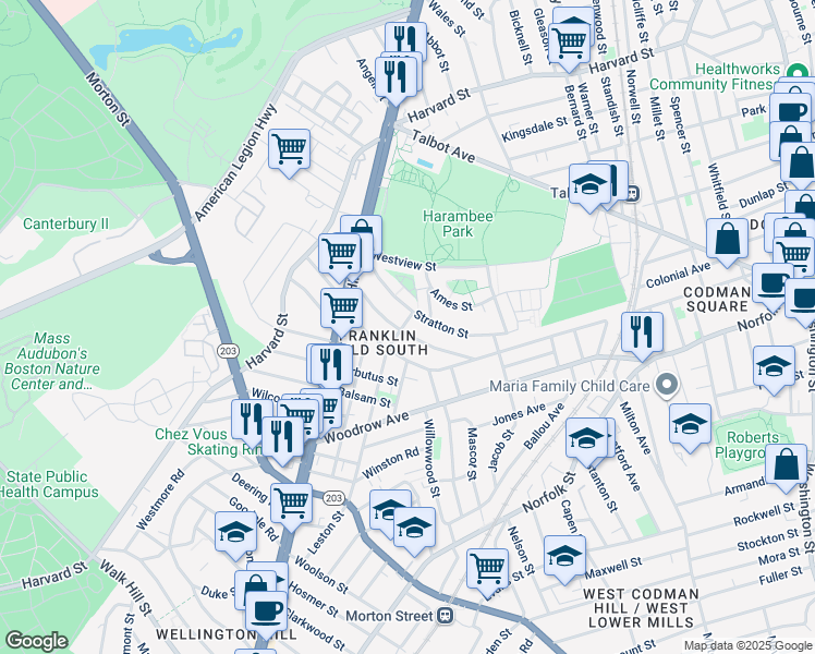 map of restaurants, bars, coffee shops, grocery stores, and more near 43 Ames Way in Boston