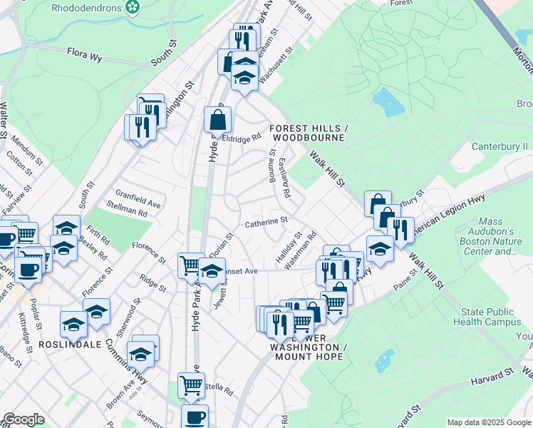 map of restaurants, bars, coffee shops, grocery stores, and more near 23 Goodway Road in Boston