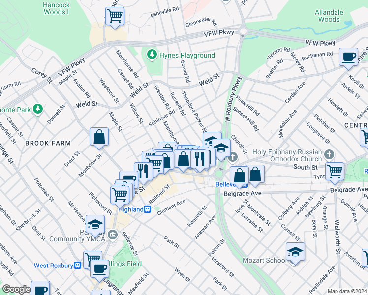 map of restaurants, bars, coffee shops, grocery stores, and more near 71 Manthorne Road in Boston