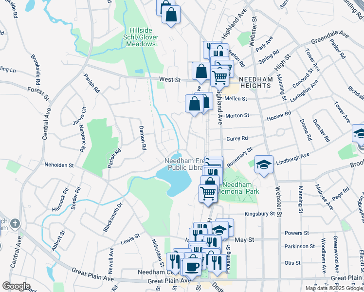 map of restaurants, bars, coffee shops, grocery stores, and more near 590 Hillside Avenue in Needham