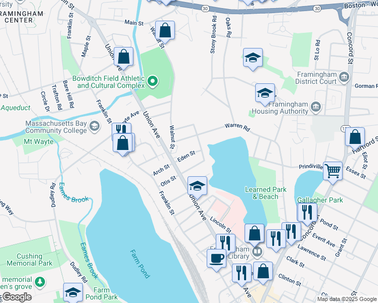 map of restaurants, bars, coffee shops, grocery stores, and more near 23 Warren Road in Framingham