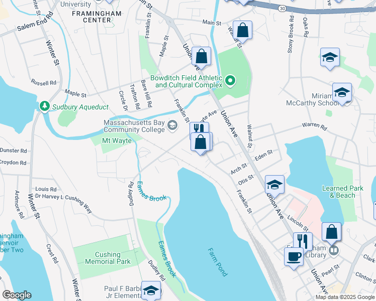 map of restaurants, bars, coffee shops, grocery stores, and more near 470 Franklin Street in Framingham