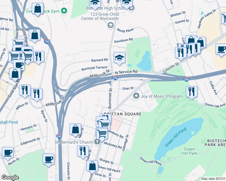 map of restaurants, bars, coffee shops, grocery stores, and more near 41 Burncoat Street in Worcester