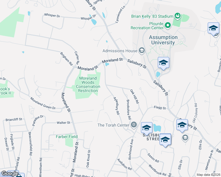 map of restaurants, bars, coffee shops, grocery stores, and more near 62 Oak Hill Road in Worcester
