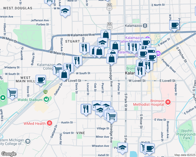 map of restaurants, bars, coffee shops, grocery stores, and more near 605 West South Street in Kalamazoo
