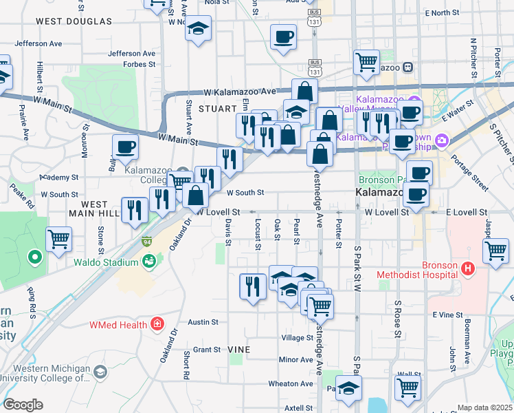 map of restaurants, bars, coffee shops, grocery stores, and more near 711 West South Street in Kalamazoo