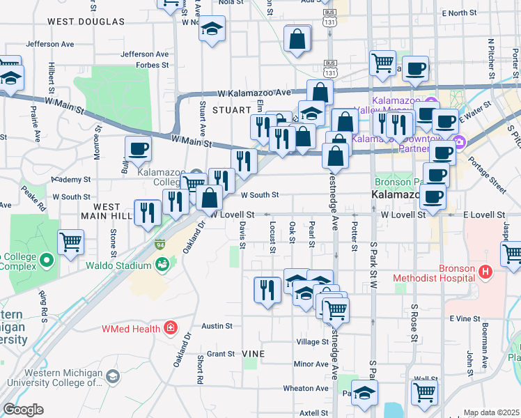 map of restaurants, bars, coffee shops, grocery stores, and more near 821 West South Street in Kalamazoo